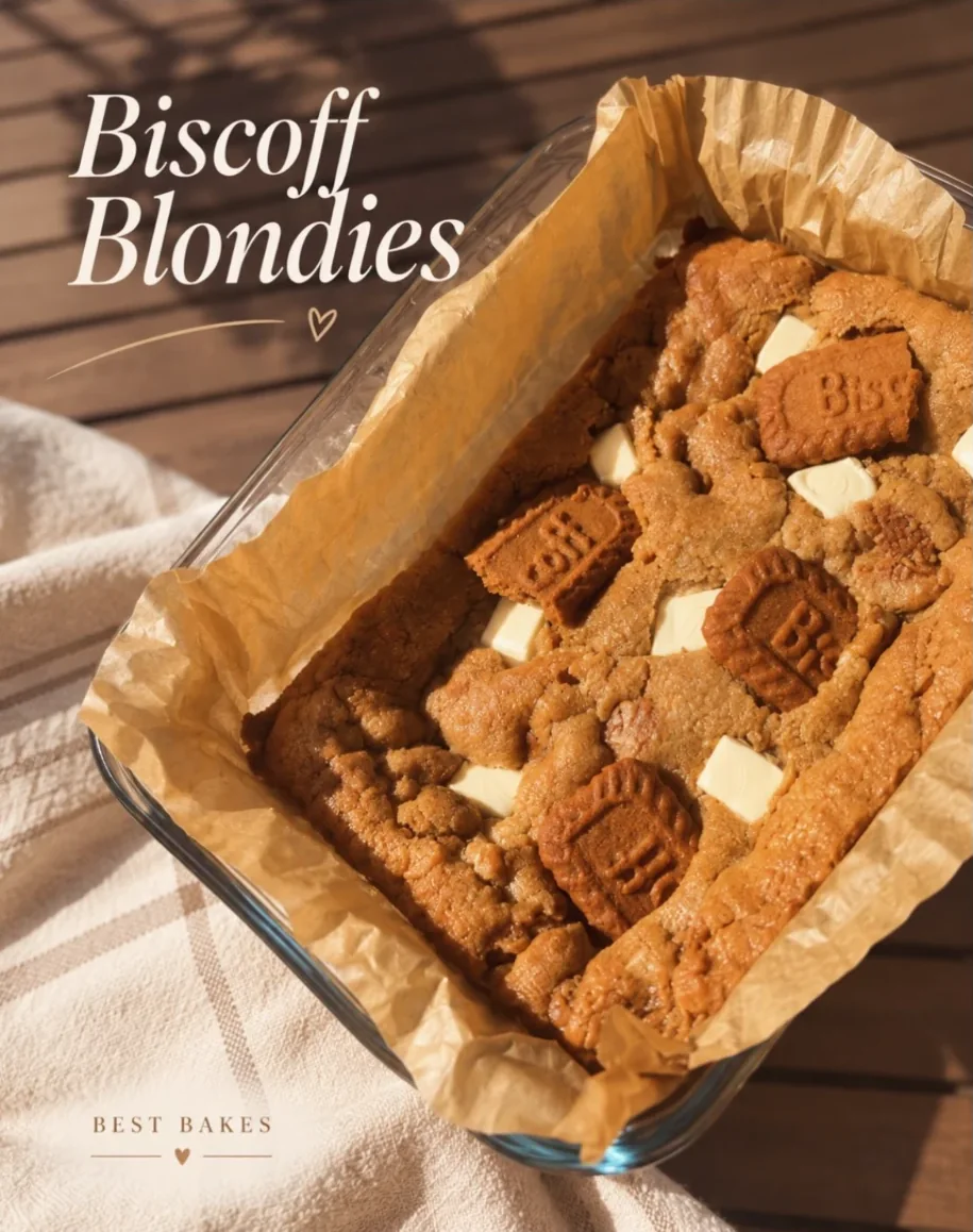 A tray of Biscoff white chocolate blondies